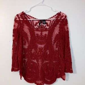 Boho Orange 3/4 Sleeve Mesh Embroidered Top Size M